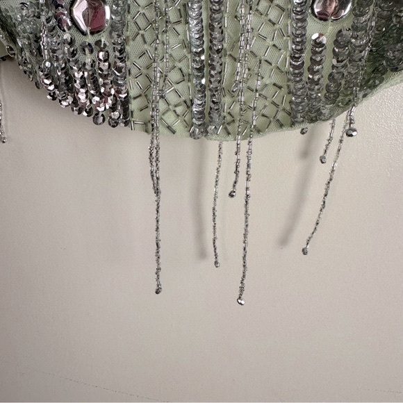 ASOS Sage Green Silver Heavily Beaded Sequins Shaped Hem Artsy Mini Skirt NWT - Picture 9 of 16